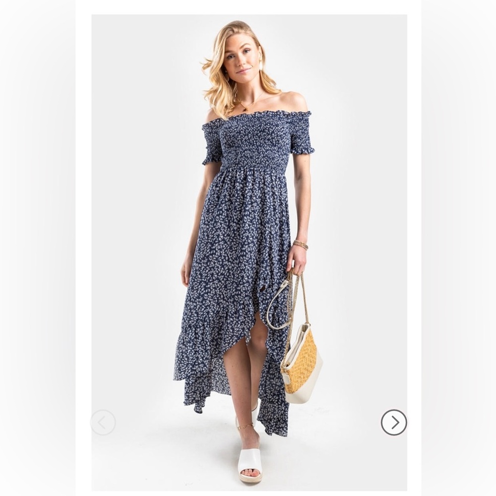 Francesca’s - Floral Off-Shoulder Blue & White High-Low Maxi Dress